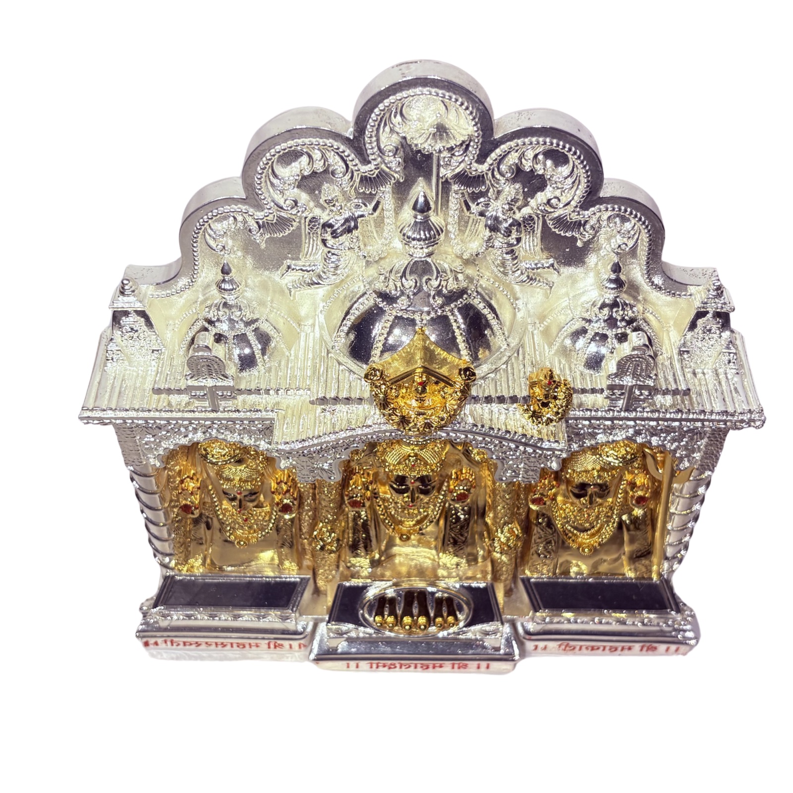 Gold and silver plated Mahalaxmi murti, detail of the crown and jewellery