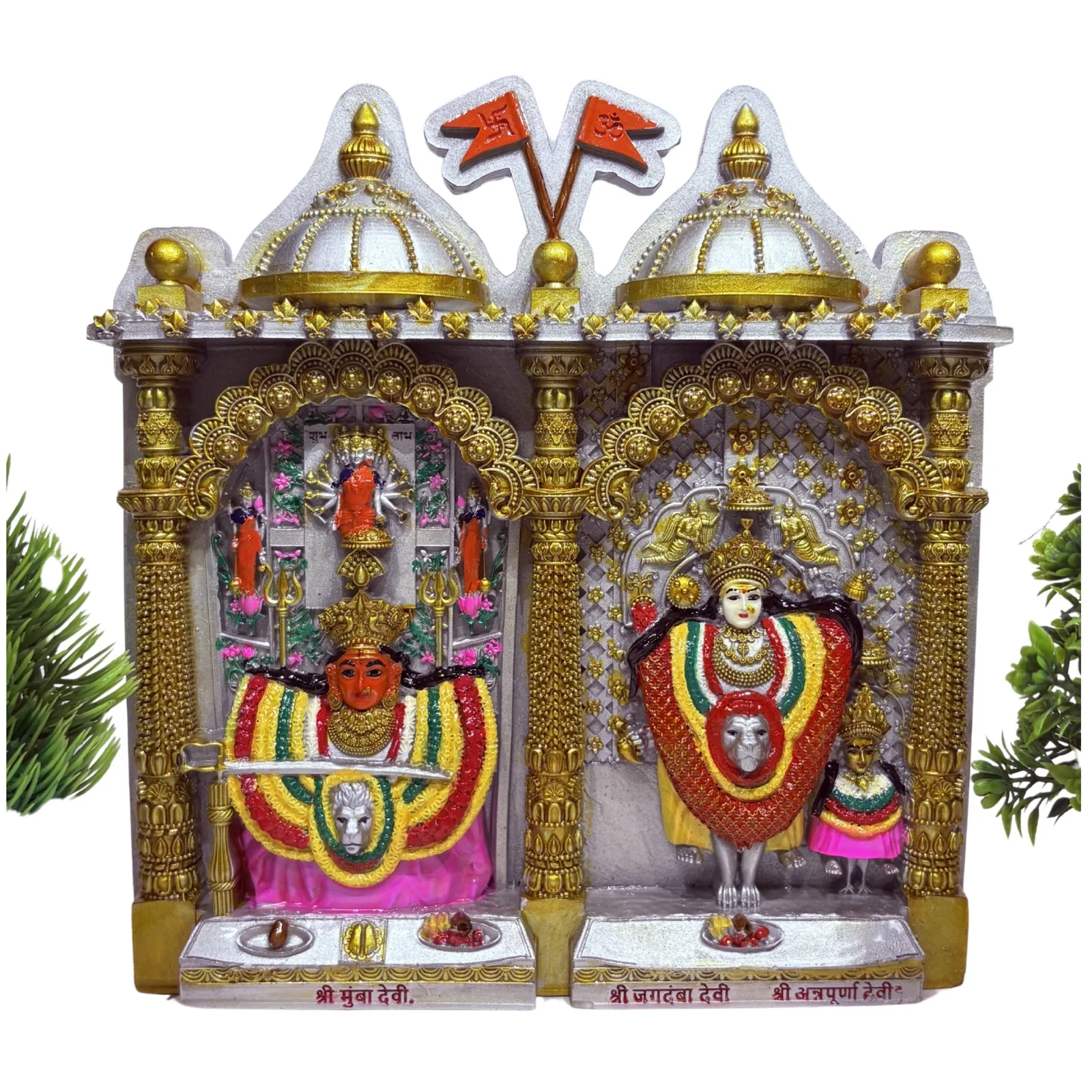 Handcrafted Mumba Devi twin-dome temple murti, hand-painted in Mumbai