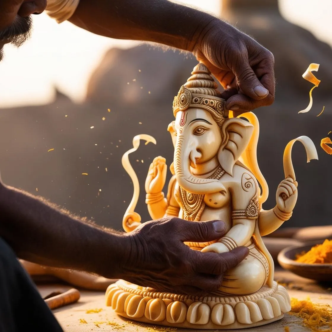 Artisan hand-finishing the fine detail on a deity idol