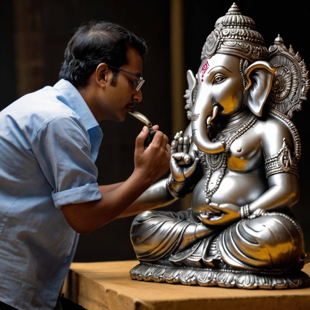Artisan inspecting the fine detail of a finished silver-plated idol